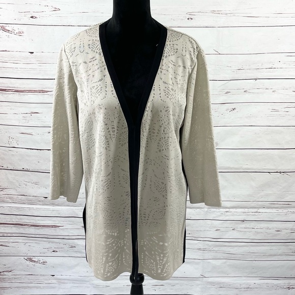 Exclusively Misook Open Cardigan Womens Size L Heritage Fit Beige/Black Knit.